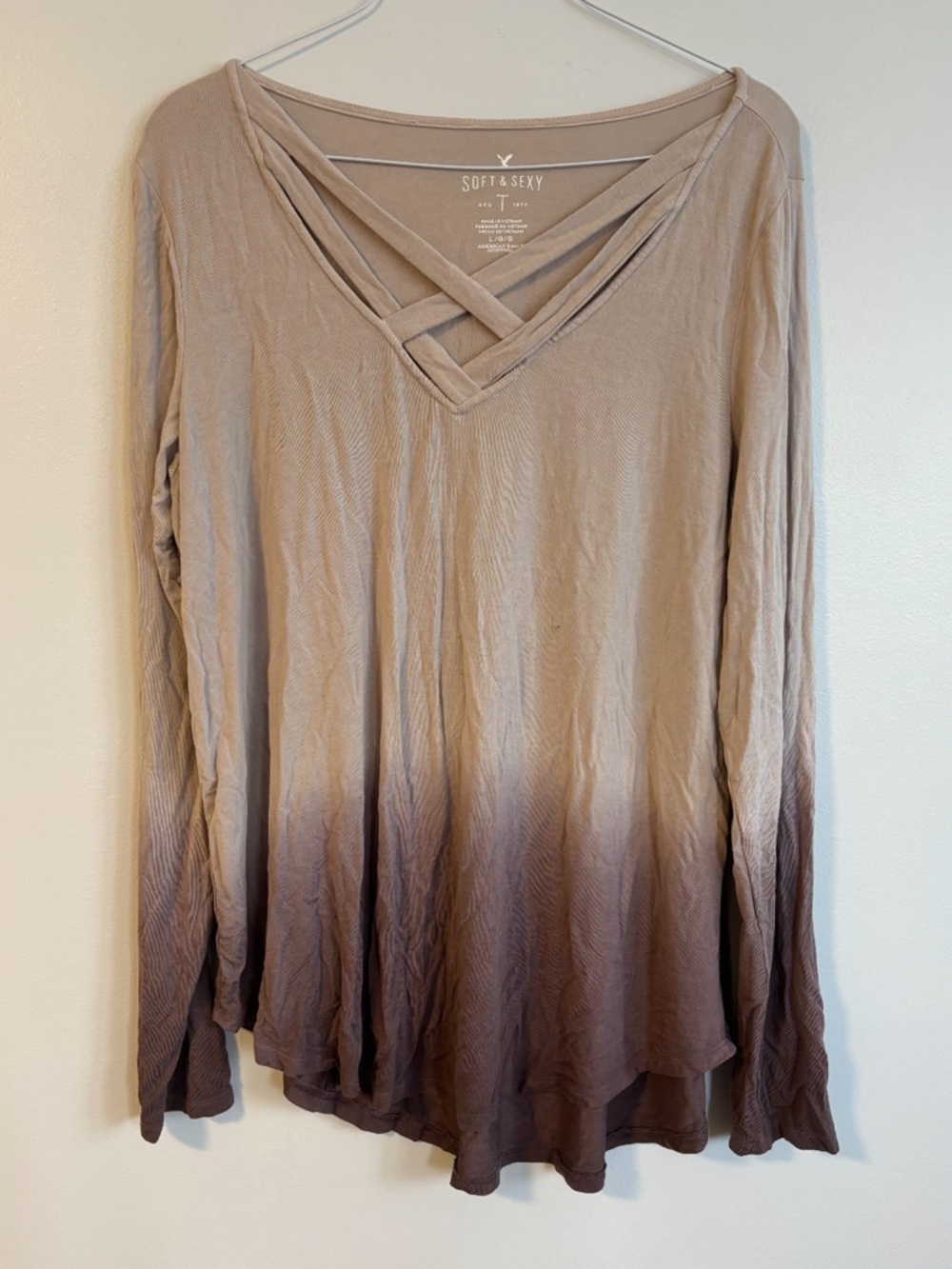 American Eagle Soft & Sexy Brown Ombre Long Sleeve Criss Cross Top Size Large